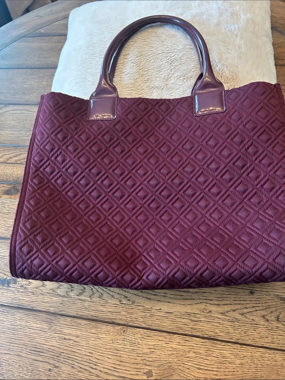 Tory Burch Marion Quilted Tote in Wine with Patent Handles like new